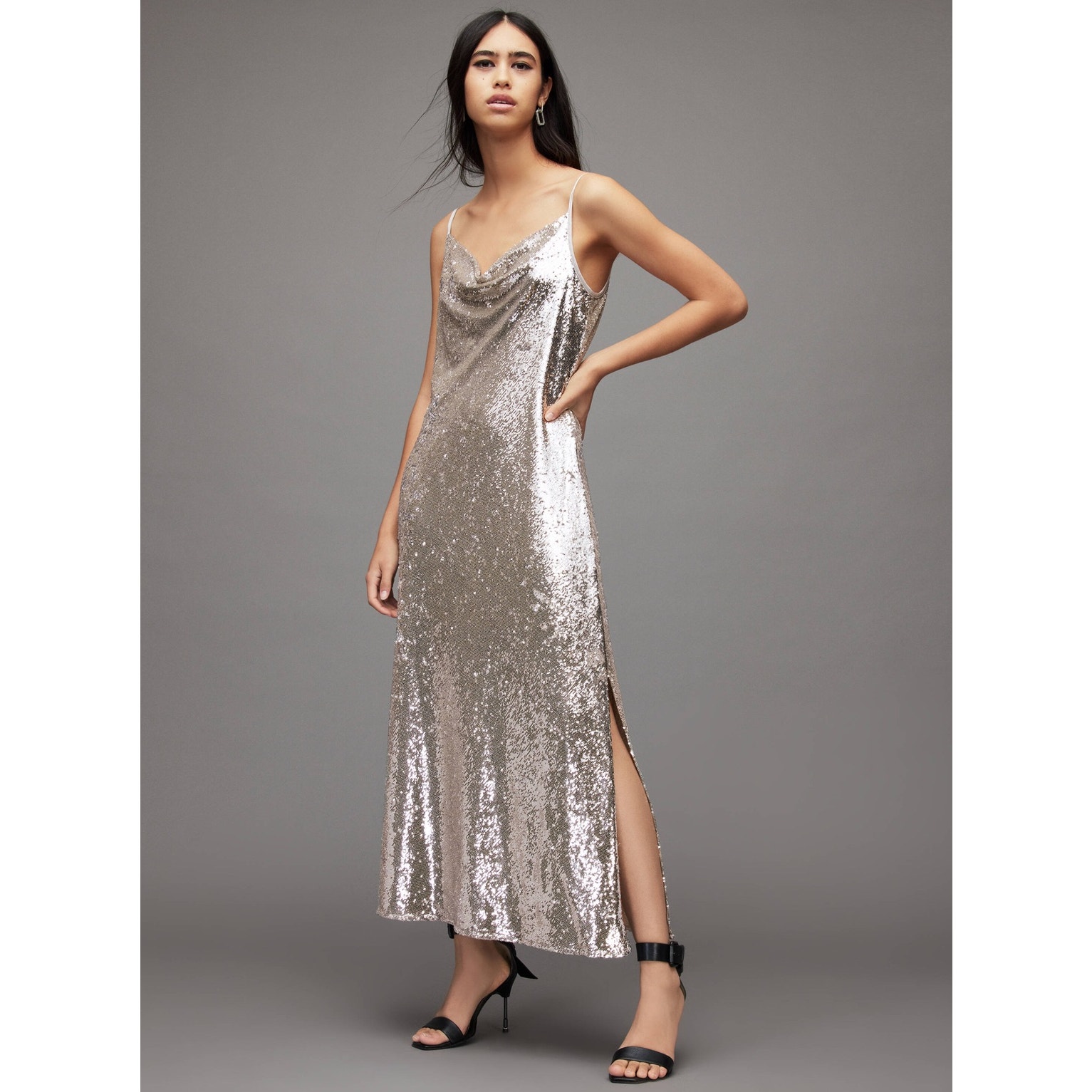 Allsaints Silver Sequin Hadley Slip Style Cowl Neck Side Slit Dress Size Us 10